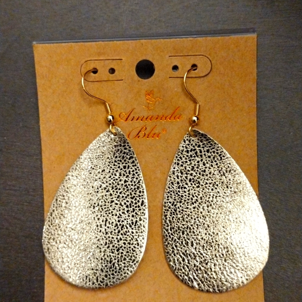 Leather Dangle Earrings Leather Gold -Teardrop - Amanda Blue NWT